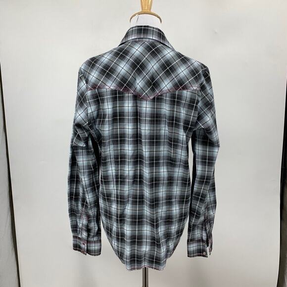 Cowgirl Legend Shirt Women L Large Gray Pink Lace Panel Plaid Pearl Snap Western - Picture 7 of 12
